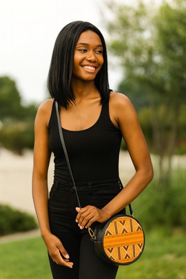 African Leather Bags Round Sling Mud Cloth Print