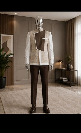 Men's Beige and Brown Colorblock Nehru Jacket with Trousers – Two-Piece Bandhgala Suit Set