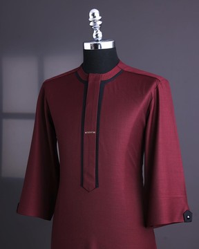 A burgundy, black layered flap, 3/4 sleeve Kaftan.