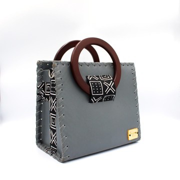 Grey Vegan Leather Handbag with Wooden Handles Black &amp; White Ankara Wax Print with Wallet Co-ord Set