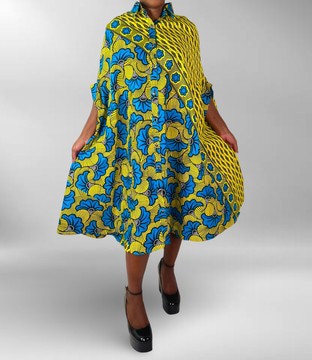 African Print Ankara Floral Print Collared Button-front Cotton Midi Dress