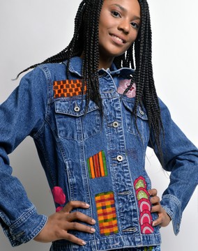 jeans jacket with ankara patches
