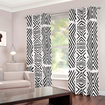 Bogolan African Pattern Curtains White Eyelet (Two-Piece)(LARGER SIZES AVAILABLE)
