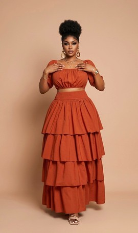 Rust Orange Two-Piece Maxi Skirt Set – Off-Shoulder Crop Top &amp; Layered Ruffle Skirt