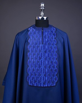 A Navy Blue, sunrise perspective embroidery detailing, 3/4 sleeve traditional senator kaftan