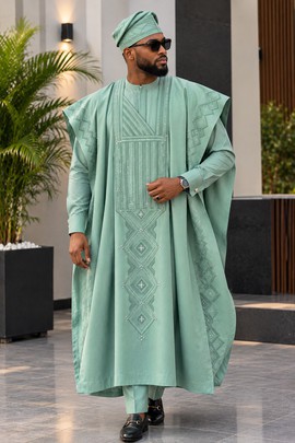 Men's Sage Green Agbada Set – Three Piece Embroidered Nigerian Traditional Attire with Cap