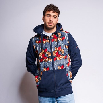 Navy blue cotton hoodie with a touch of multicolored wax