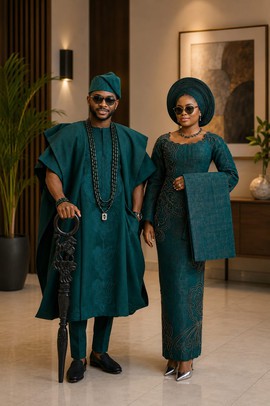 Couple's Teal Green Aso Oke Traditional Wedding Outfit –  Agbada &amp; Beaded Fitted Dress with Gele Set