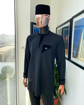A Charcoal Black kaftan, black velvet detailing kaftan