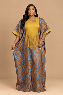 Robe caftan pour femme avec franges dorées, imprimé Ankara bleu et cuivré, élégant boubou long