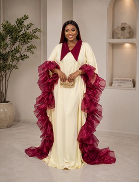 Women's Luxury Cream &amp; Burgundy Kaftan Maxi Dress – Elegant Ruffle Sleeve Evening Gown