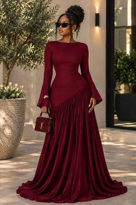 Women's Burgundy Maxi Dress – Stretch Bodice with Flare Sleeves &amp; Satin Draped Gown