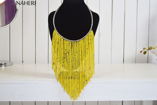 African yellow beaded fringe necklace | tribal maasai handmade neck piece