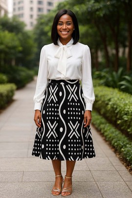 Black Flared Skirt Midi Mudcloth Black &amp; White Tribal Print