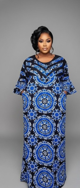 Elegant Blue and Black Patterned Maxi Dress with Pockets