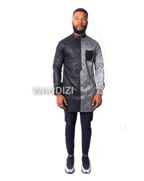 Colour Block black and silver Half Collar Dress Shirt, African Men Shirt, Mens Clothing