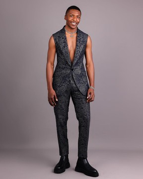 The “gifted” Navy blue &amp; silver wire metallic jacquard armless peak lapel suit