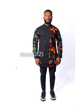 Colourful African Print Ankara &amp; black Cotton Mix Shirt, Mens Clothing, Ankara Shirt