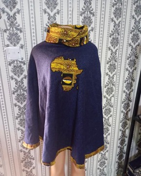 Women Poncho, Warm African Cloth, Navy Knit Poncho, African Map Poncho
