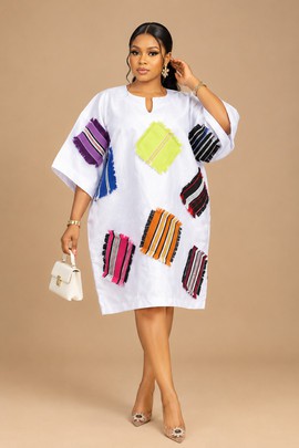 White Kaftan Dress with Colourful African Print Patchwork Details