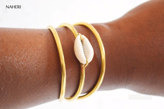 African brass cuff bracelet with cowrie shell handmade jewelry