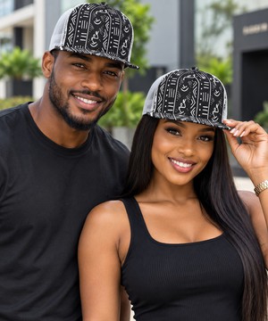 Casquette en maille noire à visière plate avec motif de mudcloth tribal | Coiffure à motif africain | Bynelo
