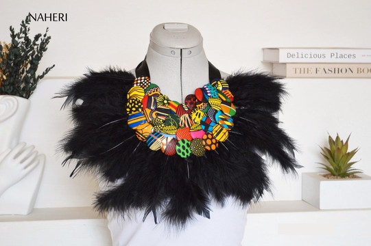 African inspired feather necklace with African print fabric buttons