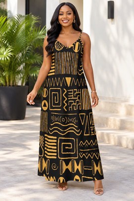Robe longue élégante afrocentrique en bogolan pour femme, avec col en V et poches | Robe longue afrocentrique