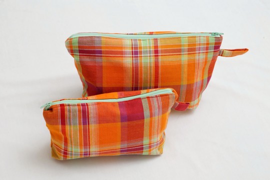 Trousse de toilette modèle Petit Madras Orange Fait main