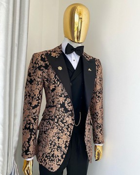 A Peak lapel charcoal black &amp; Pink “Mandarin” metallic jacquard floral tuxedo suit