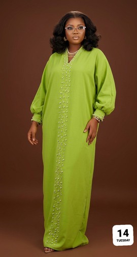 Kaftan boubou vert citron orné de perles – Robe longue à manches longues et perles