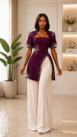 Women's Purple Pearl-Embellished Tunic &amp; Cream Wide-Leg Trouser Set – 2-Piece Occasion Outfit