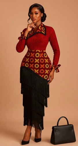 Robe midi à franges en Ankara pour femme, robe ajustée à manches longues en imprimé africain avec jupe à pompons