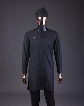 A charcoal black, drop down lay embroidery detailing kaftan, hand woven Yoruba hat &amp; sokoto