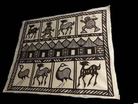 tableau batik scène  de village 01