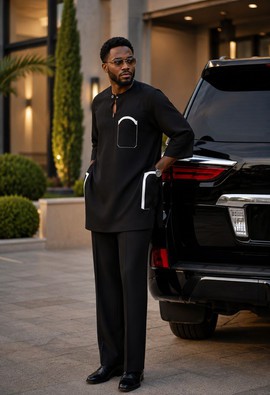 Ensemble de kaftan noir pour homme avec passepoil blanc | Vêtements de luxe africains pour homme | Ensemble 2 pièces