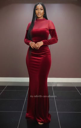 Élégante robe longue en velours bordeaux