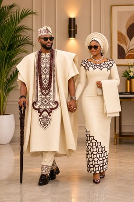 Couple's Aso Oke Traditional Wedding Outfit –Embroidered Agbada &amp; Matching Dress with Gele Set