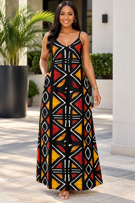 Robe longue élégante en bogolan traditionnel pour femme, avec col en V et poches