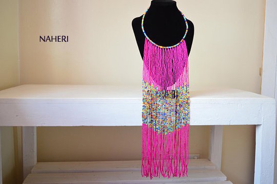 African beaded necklace | Hot pink fringe neck piece | Gift for her