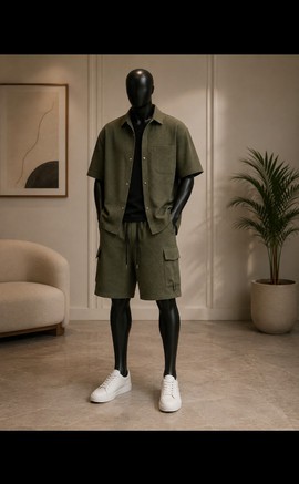 Men's Olive Green Short Sleeve Overshirt &amp; Cargo Shorts Set