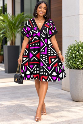Robe kimono femme en bogolan tribal, col V et manches courtes