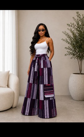 Women's Purple &amp; Lavender Striped Aso Oke Wide-Leg Palazzo Trousers