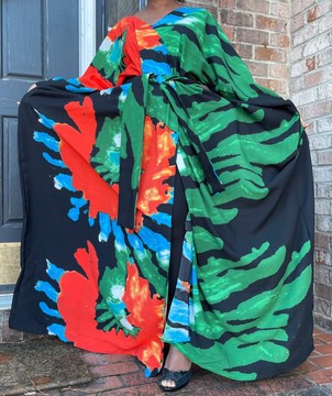Black Multicolor Sheer Chiffon Flowy Maxi Dress with Beaded Neckline
