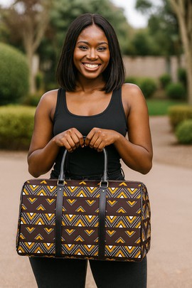 African Duffel Leather Bag for Travel Heart Mudcloth Pattern