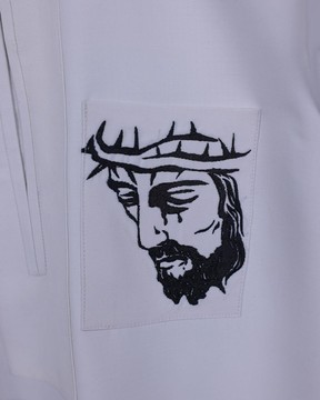 A white, front flap, Zip line with crown to Golgotha embroidery details African kaftan.