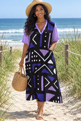 Robe midi ample à col V en bogolan africain pour femme | Mode afrocentrique | Bynelo
