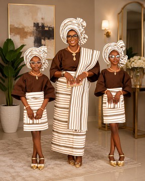 Tenues assorties en aso-oke à rayures marron et blanches pour mère et filles – Ensemble familial traditionnel avec gele