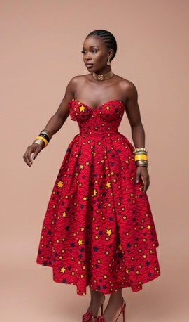 Luxury Red African Print Corset Midi Dress – Strapless Ankara Party Dress