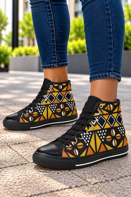 Colorful Tribal Bogolan Print Women's Classic High Top Canvas Shoes | African Sneakers